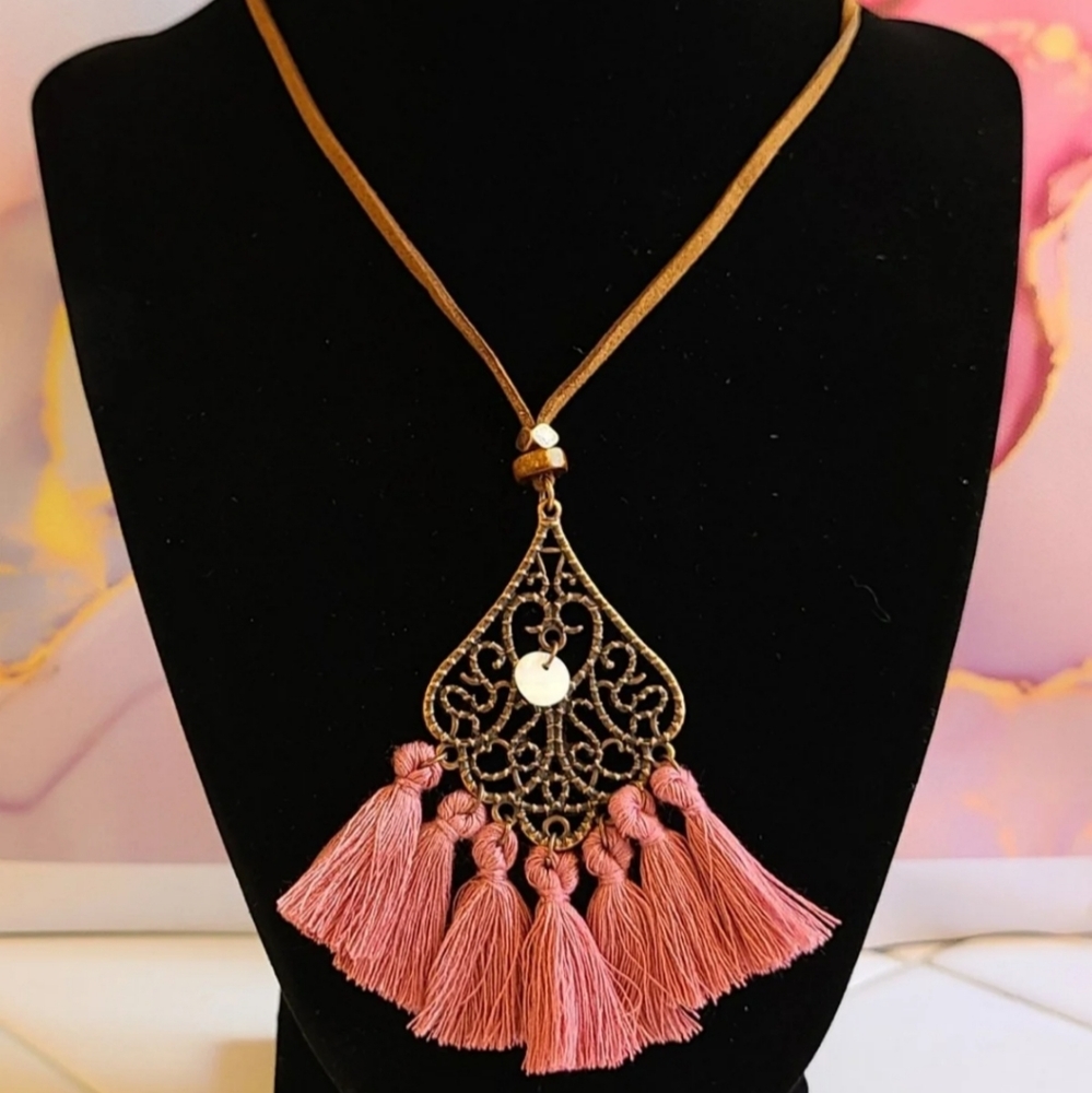 Boho Fringe Necklace - 12 inch leather chain